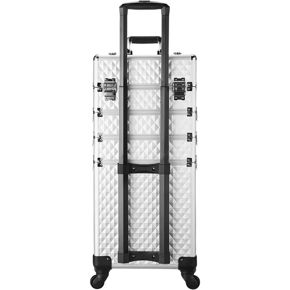 Channcase 4 in 1 Portable Traveling Aluminum Professional Makeup Trolley Cart with Multiple-Sized Compartments and Wheels, White