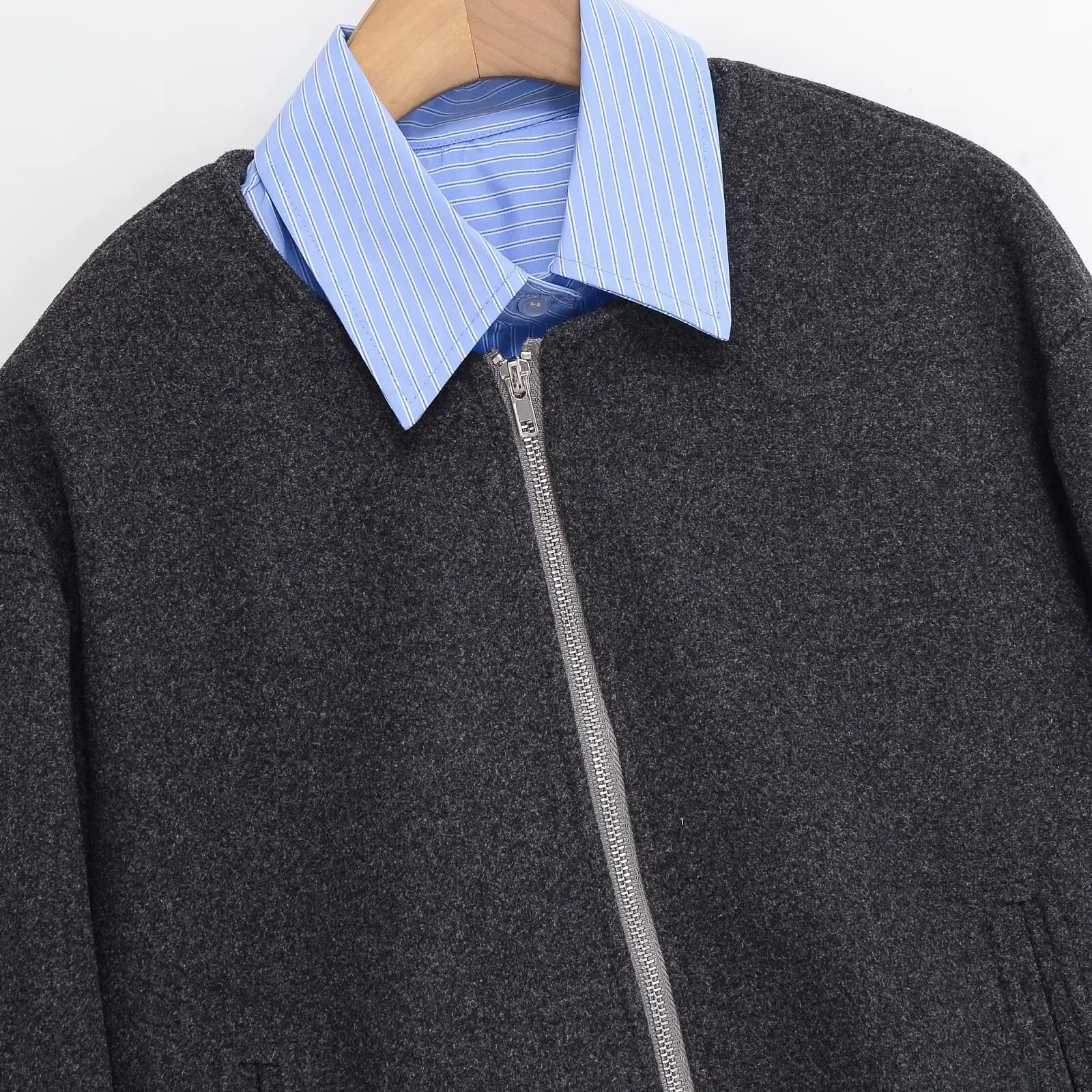 Faionable مخطط irt المرقعة الصوفية Jaet جديد الخريف الشتاء المرأة معطف دافئ طويل Sve الوجه طوق سستة إغلاق #2