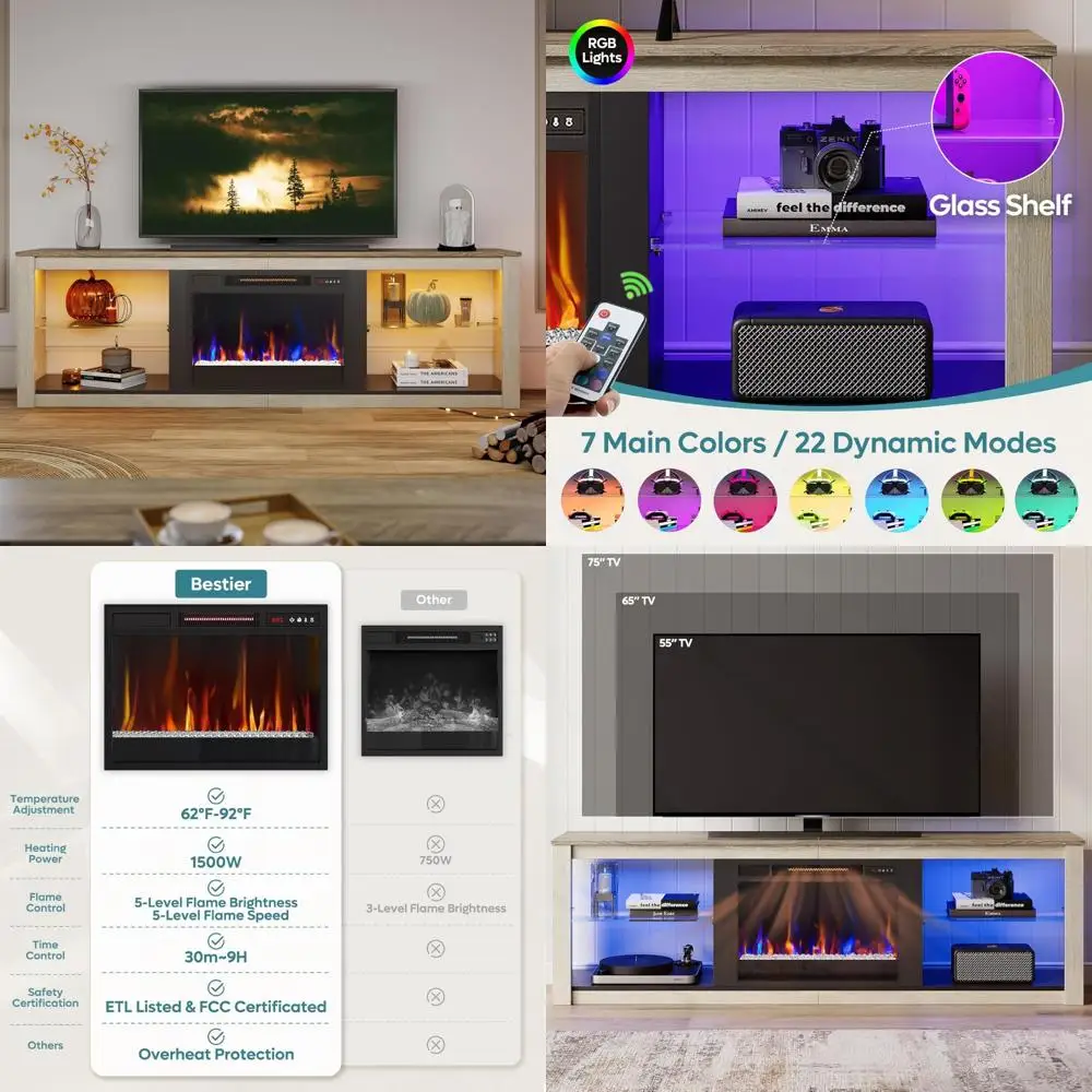 

70 Large Electric Fireplace TV Stand with 23 Media Console Table, LED Entertainment Center for TVs up to 80