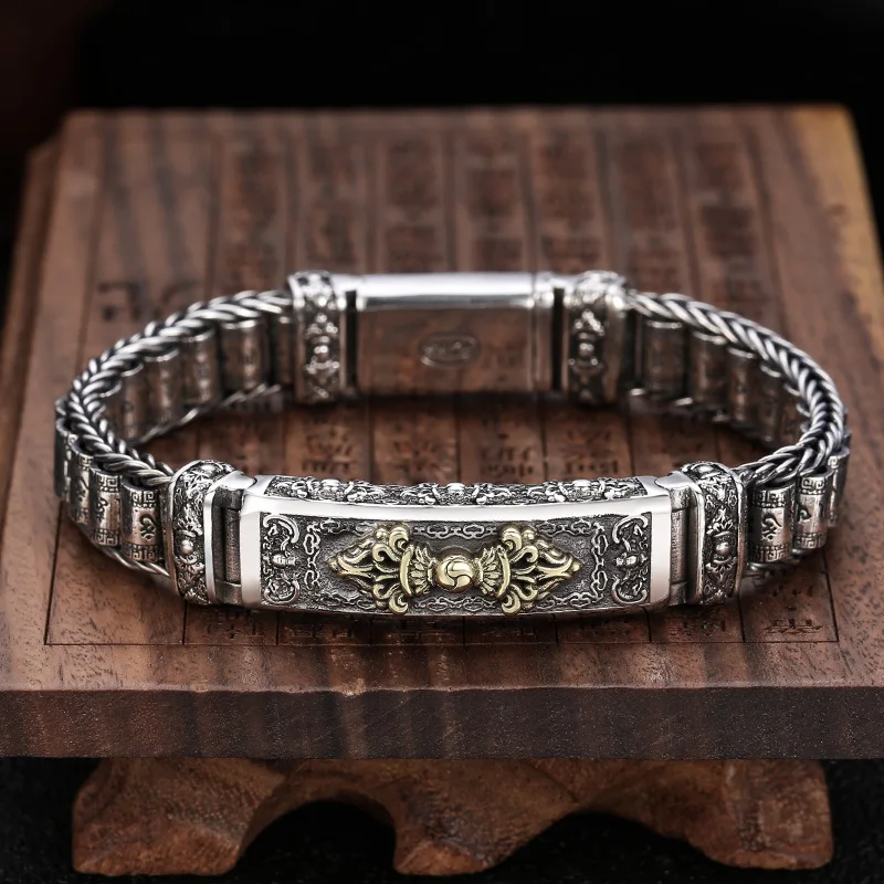 

s925 sterling silver hand jewelry men's Vajra Thai silver retro personalized wheel six words mantra bracelet fashion