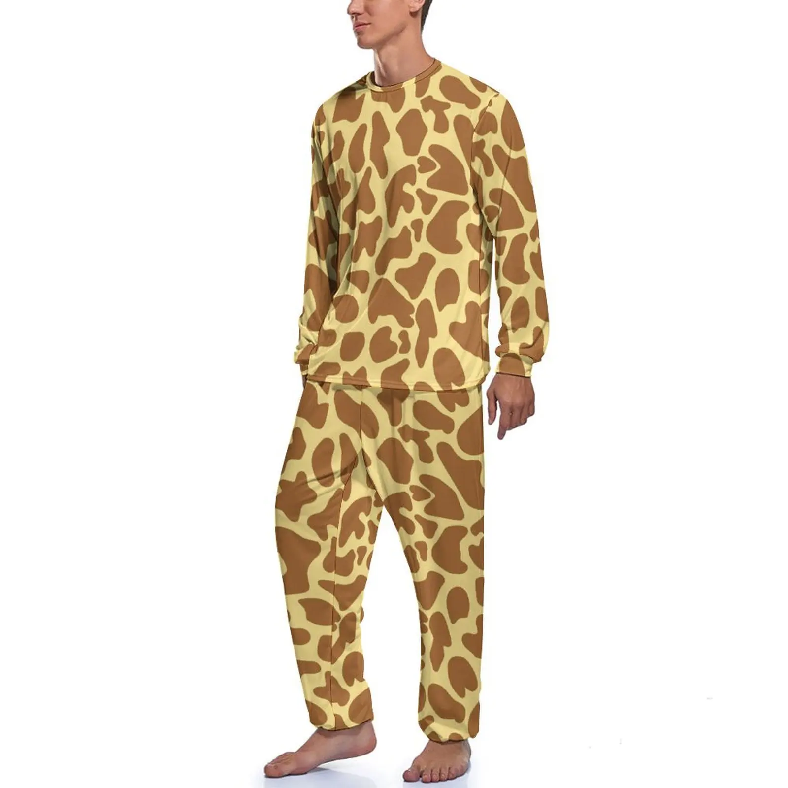 Pyjama mit Giraffen-Tiermuster, langärmelig, brauner Fleck, 2-teilig, Freizeit-Pyjama-Set, Herbst-Herren-Grafik, Kawaii-Nachtwäsche