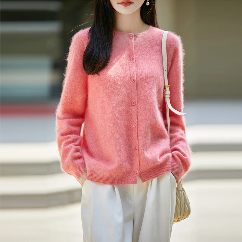 Autumn And Winter Brushed 100% Wool Warm Cardigan Button Loose And Comfortable  Women O-Neck Seamless Soft Sweater Integrated