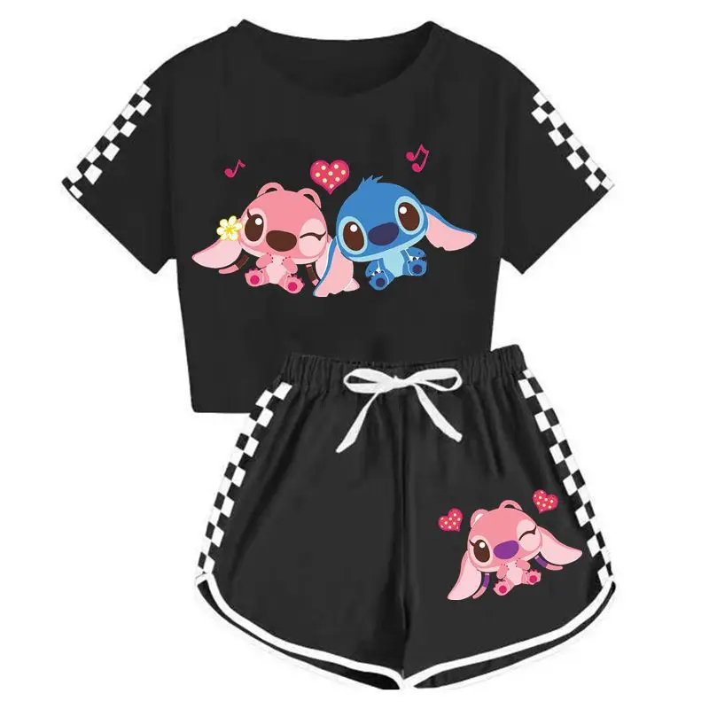 

2Pcs Disney Stitch Cartoon Clothes Children Short Sleeve Set Summer 2025 Fashion Casual Sport Shorts Set Girls Soft Pajamas
