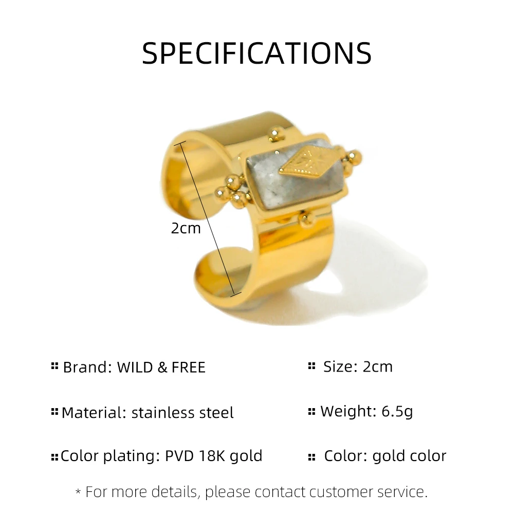 WILD & FREE 18K Gold Plated Stainless Steel Natural Stone Rings for Women Vintage Luxury Adjustable Wide Ring Waterproof Jewelry