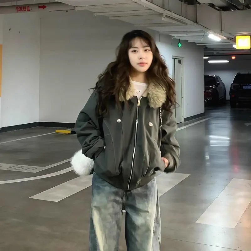 American Fashion Cotton Jacket for Women 2025 Winter New Style American Retro Loose Big Hairy Collar Coat Female Clothing