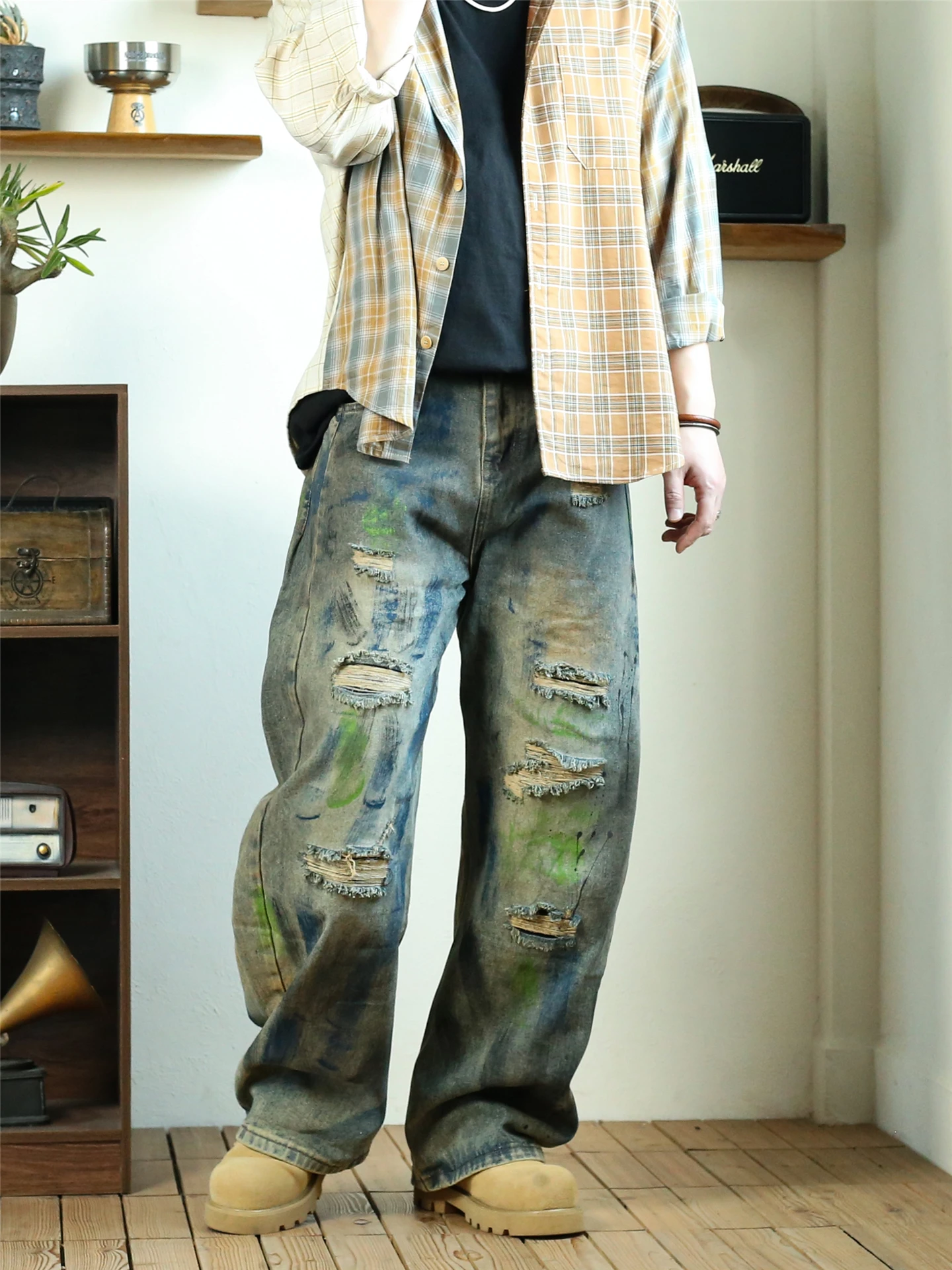 

Американские джинсы-брюки свободного кроя с широкими штанинами, в стиле ретро, с нашивками и дырками, длинные мужские брюки из денима.