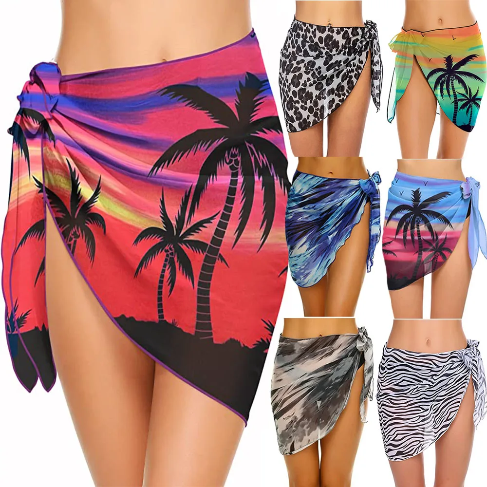 

Summer Women Print Short Sarongs Swimsuit Coverups Beach Bikini Wrap Sheer Short Skirt Chiffon Scarf Cover Ups for Swimwear