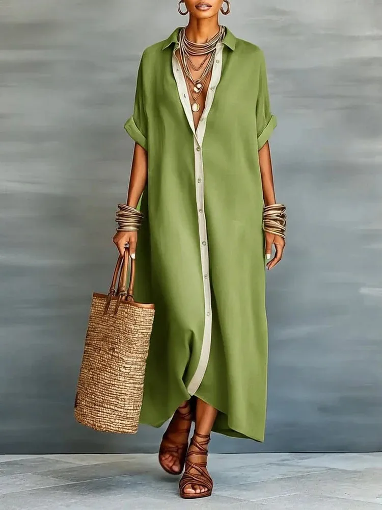 

Women's Spring Contrast Shirt Dresses Casual Buttons Half Sleeve Loose Maxi Dress Summer Beach Vacation Party Dress Vestidos