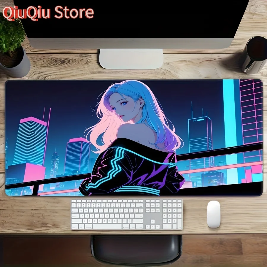 

1 шт. очень большой неоновый коврик для мыши City Girl с прошитыми краями, нескользящей резиновой основой и ярким аниме-дизайном — идеально подходит для гомина