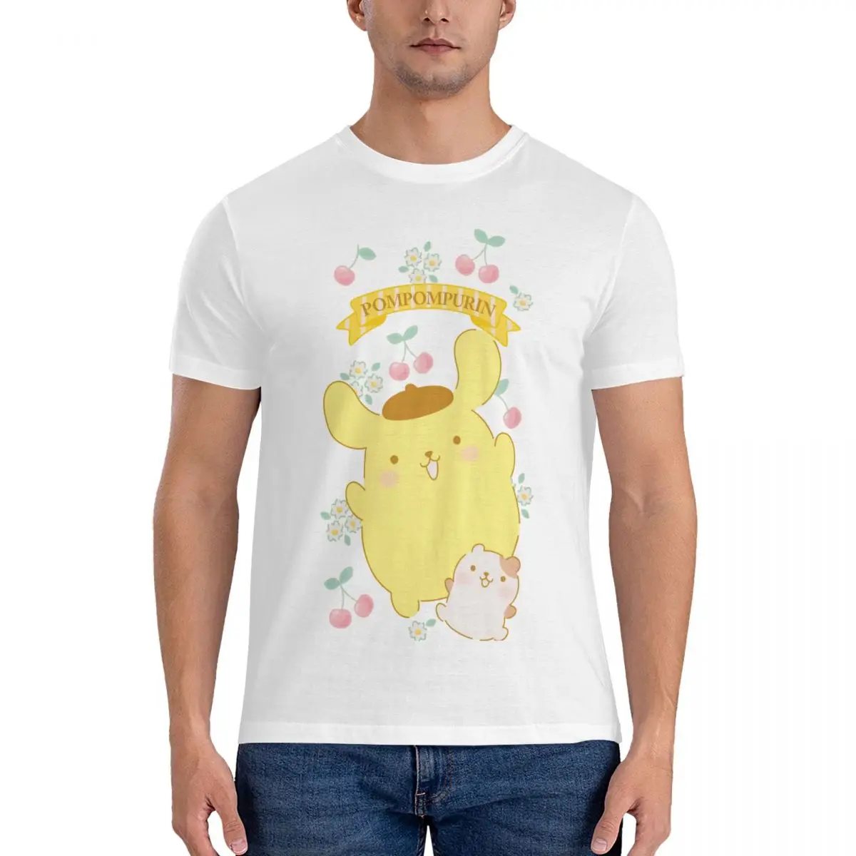 Men T-Shirt Sanrio Cartoon Character Vintage Pure Cotton Tees Short Sleeve Pompompurin T Shirt Round Neck Clothing Gift Idea