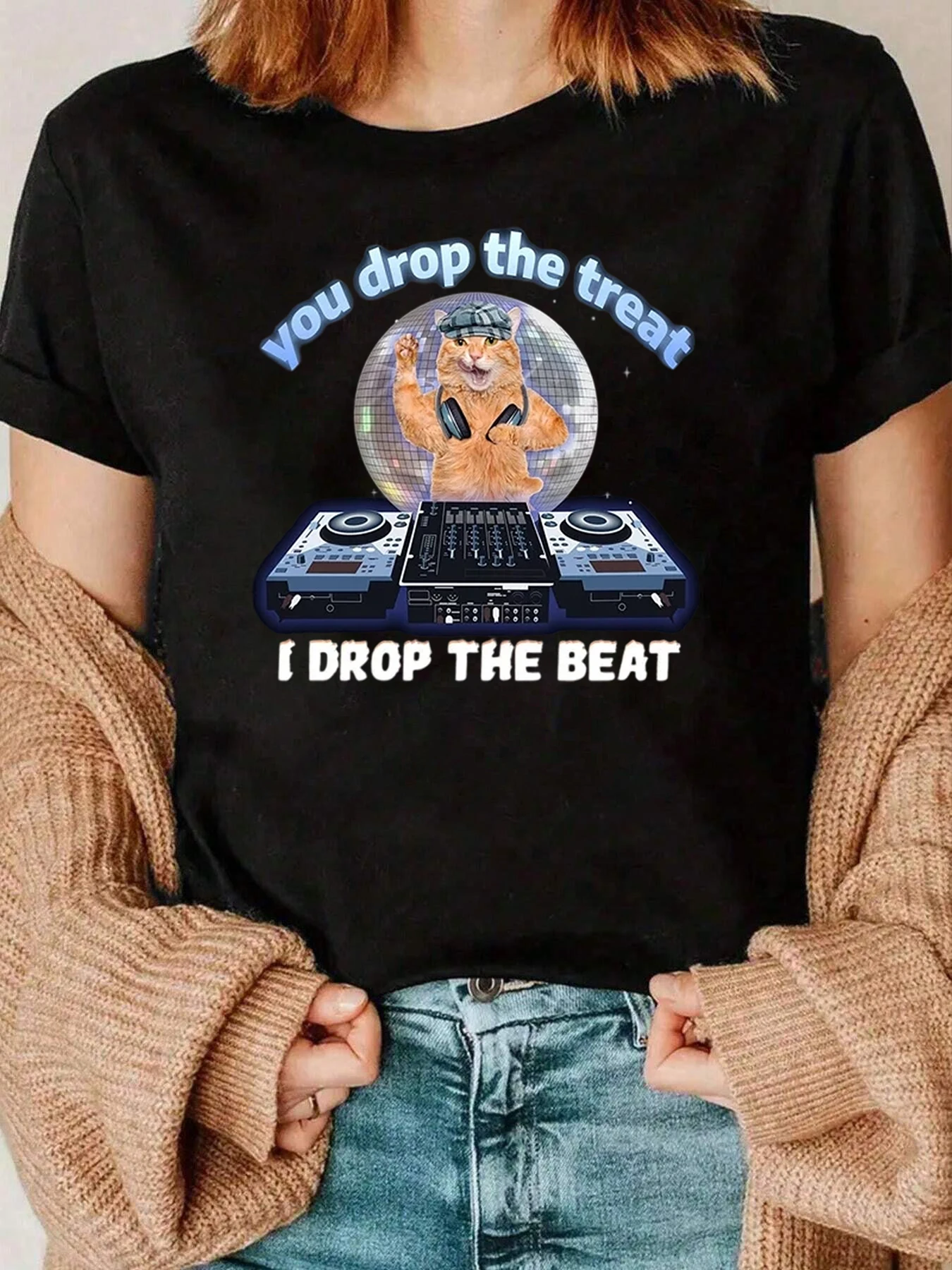 Cat Djs You Drop The Treat I Drop The Beat 그래픽 티셔츠 여성용 캐주얼웨어 220g