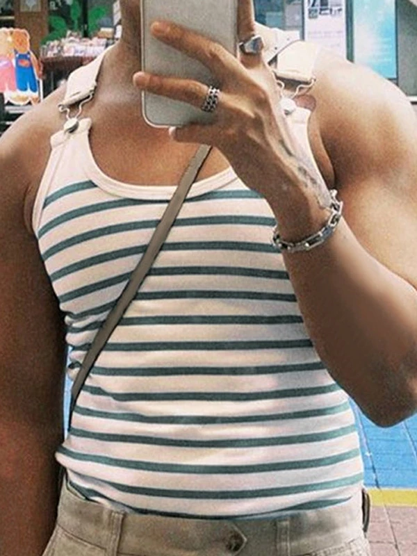 

Slim Fit Striped Men's T-irt Elastic Bandeau Vest Faionable Button Detail Summer New Arrival Youth Casual Wear Straight Hem