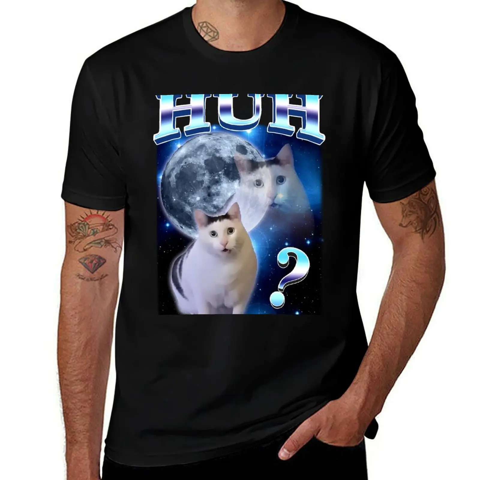 Huh Cat Funny Dank Meme Moon T-Shirt custom t-shirts Anime t-shirt slim fit t shirts for men