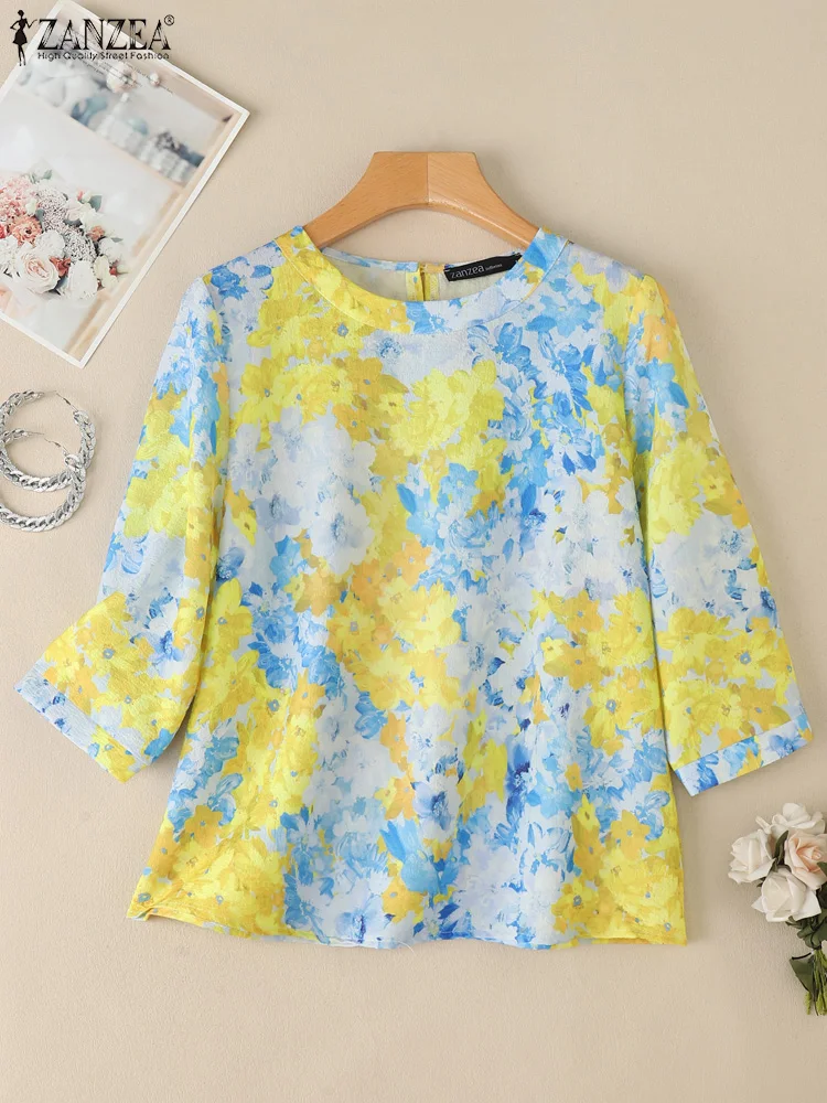 

ZANZEA Women Bohemian 3/4 Sleeve Holiday Tops 2025 Summer Floral Printed Blouse Casual O Neck Beach Shirt Loose Tunic Oversize