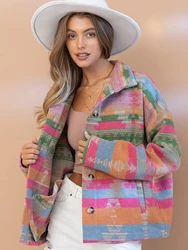 2023 Winter Aztec Shacket Women's Jacket Loose Vintage Boho Single-breasted Cotton Jackets For Women Casual Wool Printed Jacket