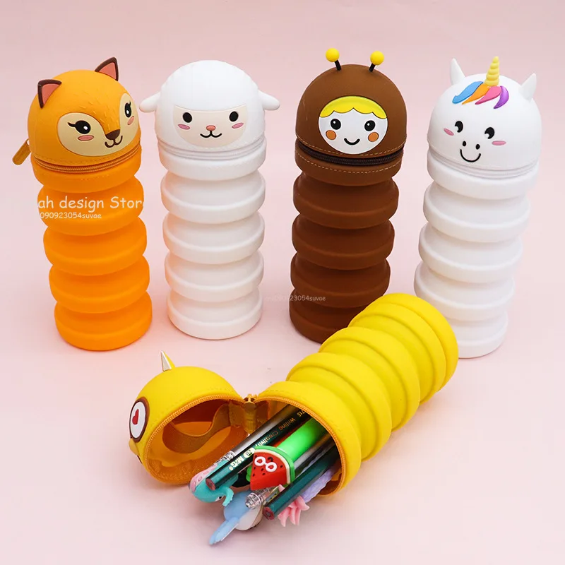 1 Pc Large Capacity Novelty Cartoon Retractable Silicone Pencil Case With Zipper Stationery Storage Bag Gift Stationery