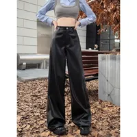 Plus Size Casual Women's PU Leather Pants Black Draped Wide Leg Pants For Autumn/Winter Warm Spicy Style Trousers