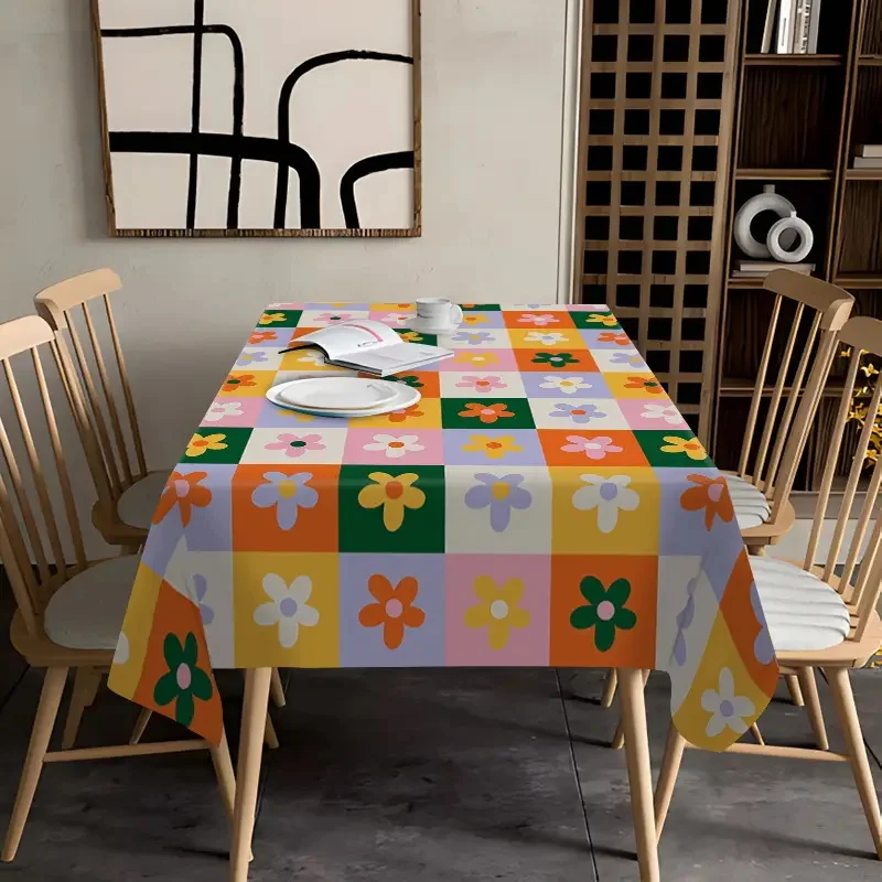 One colorful checked floral tablecloth, thick polyester rectangular tablecloth, suitable for home use.