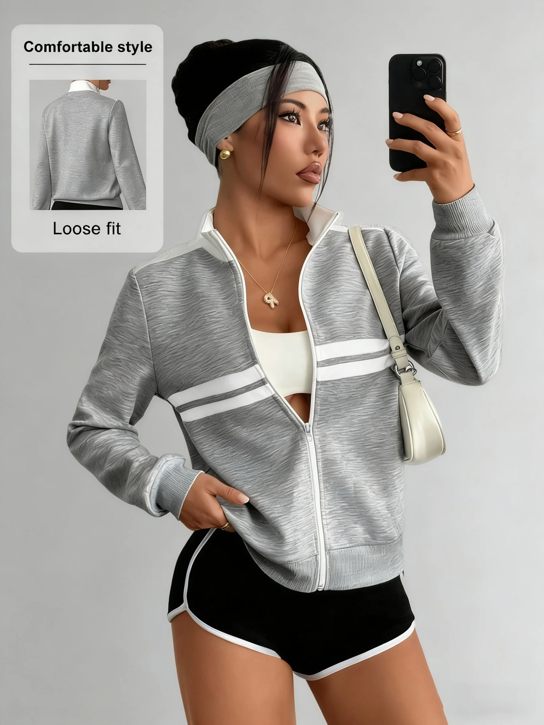 Women's Casual Zip Up Sweatshirt Grey Striped Long Sleeve Stand Collar Jacket Loose Fit Lightweight Outerwear for Daily Wear image 6