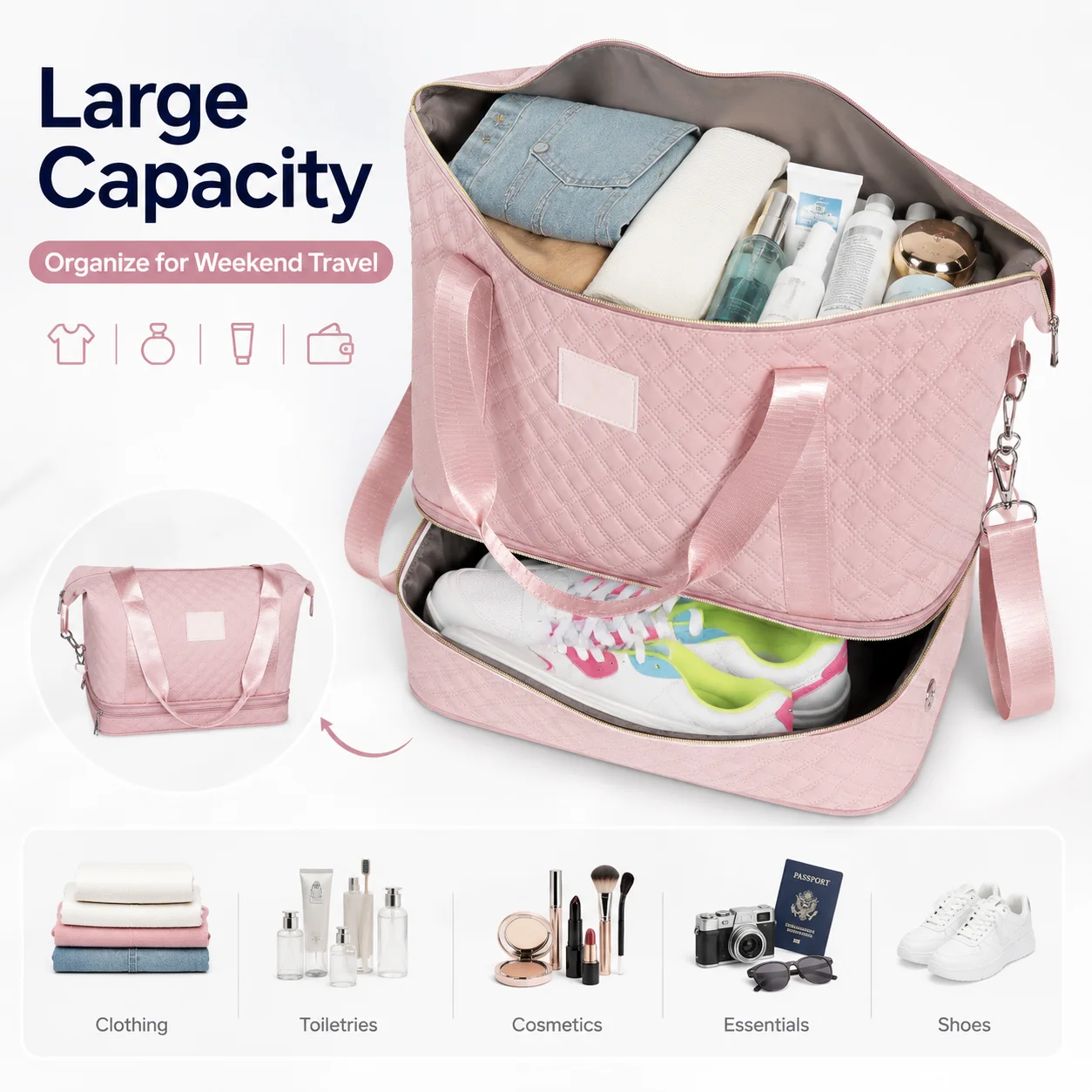 Foldable Travel Duffel Bag Women Large Capacity Quilted Weekender Overnight Bag with Shoe Compartment Waterproof Carry On Luggag