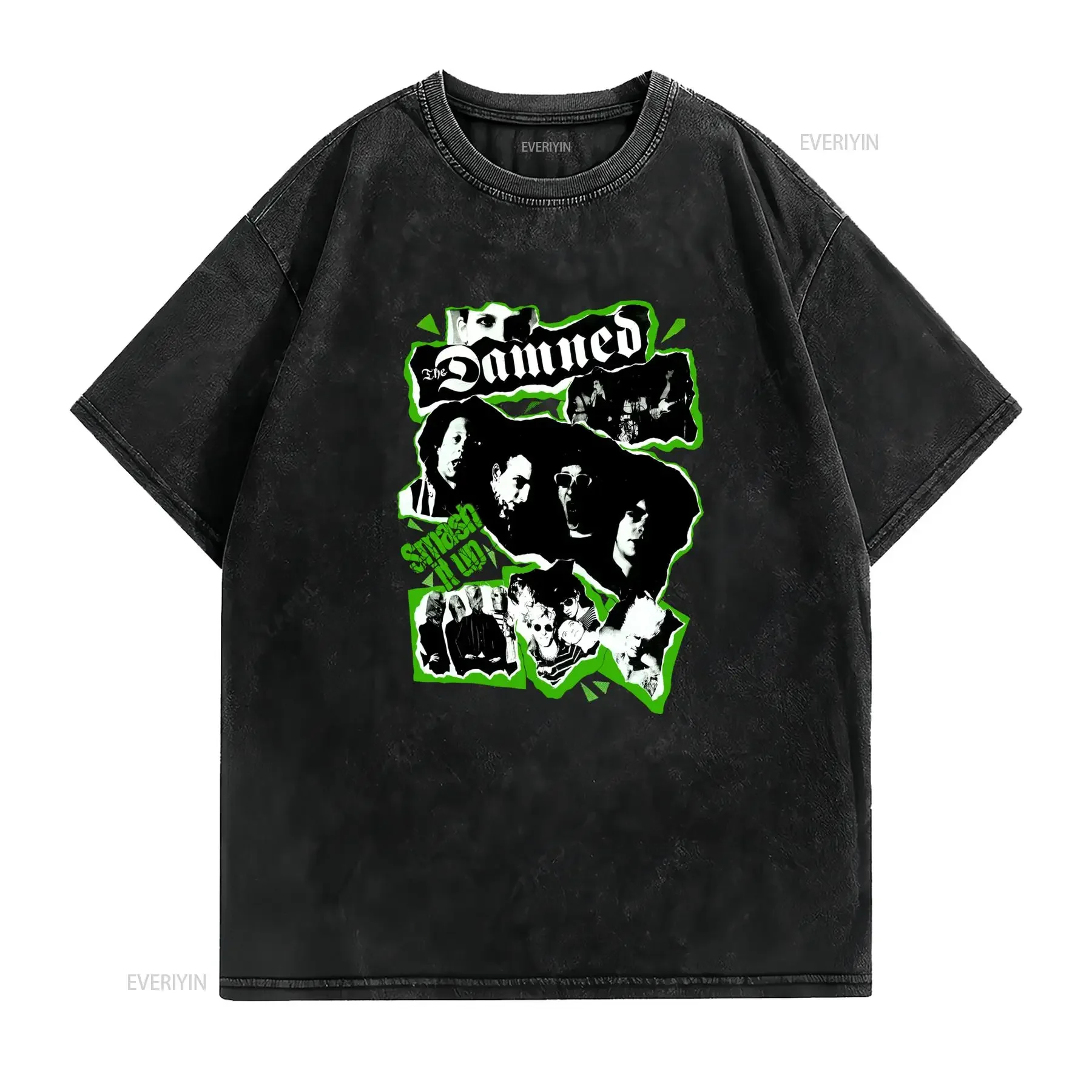 Vintage Punk Rock The Damned Band Collage Print Casual Streetwear T Shirt vintage Washed Slightly Unisex Top For Everyday Wear