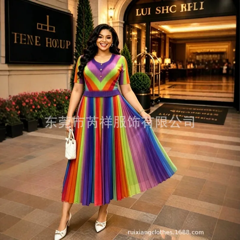 

Miyake Pleated Dresses Rainbow Print Dress Plisse 2026 Summer New Loose Fashion Short Sleeve V-Neck Casual Plus Size Fold Dress