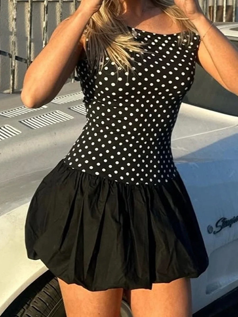 

Women Sleeveless Oblique Neck Dots Print A-line Dress Summer Mini Dress for Club Party