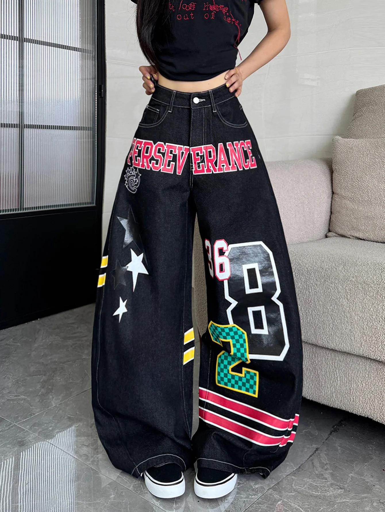 Women Autumn Mid‑Waist Wide‑Leg Y2K Retro Jeans Stripe Letter Print Wear‑Resistant Raw Denim For Daily Casual Outing