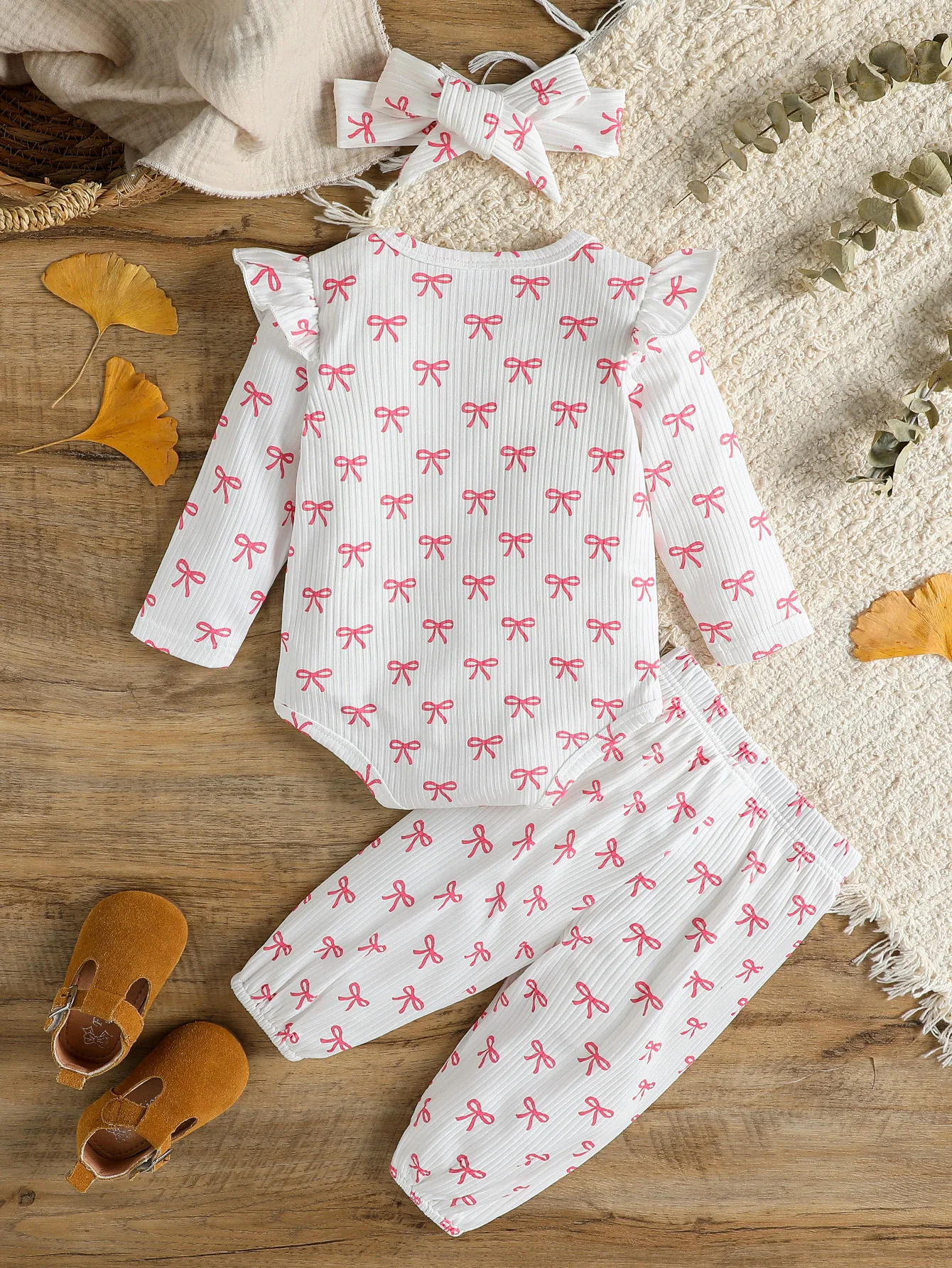 3 Pieces Toddler Baby Girl Fall Outfits Print Ruffle Long Sleeve Romper+Elastic Waist Pants Sets for Infants Casual +Headband