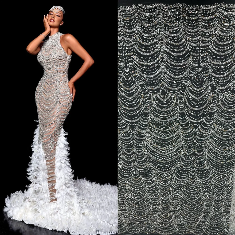 White Nigerian Groom Beads Lace Fabric 2024 High Quality Luxury African Handmade Sequins Lace Fabric For French Wedding Dress