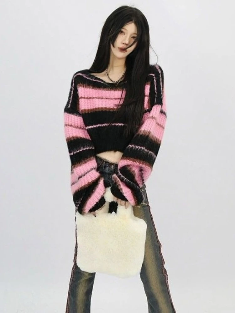 

American Vintage Sweet Spicy Sweater Knit Stripe Long Sleeve Subculture Patchwork Fashion Splice Casual Pullover Woman Autumn
