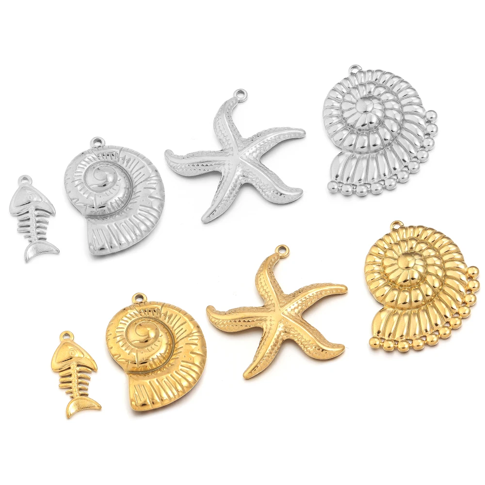 4pcs Stainless Steel Starfish Charms Conch Fishbone Charms Pendants For Jewelry Making DIY Crafts Necklace Earring Accessories