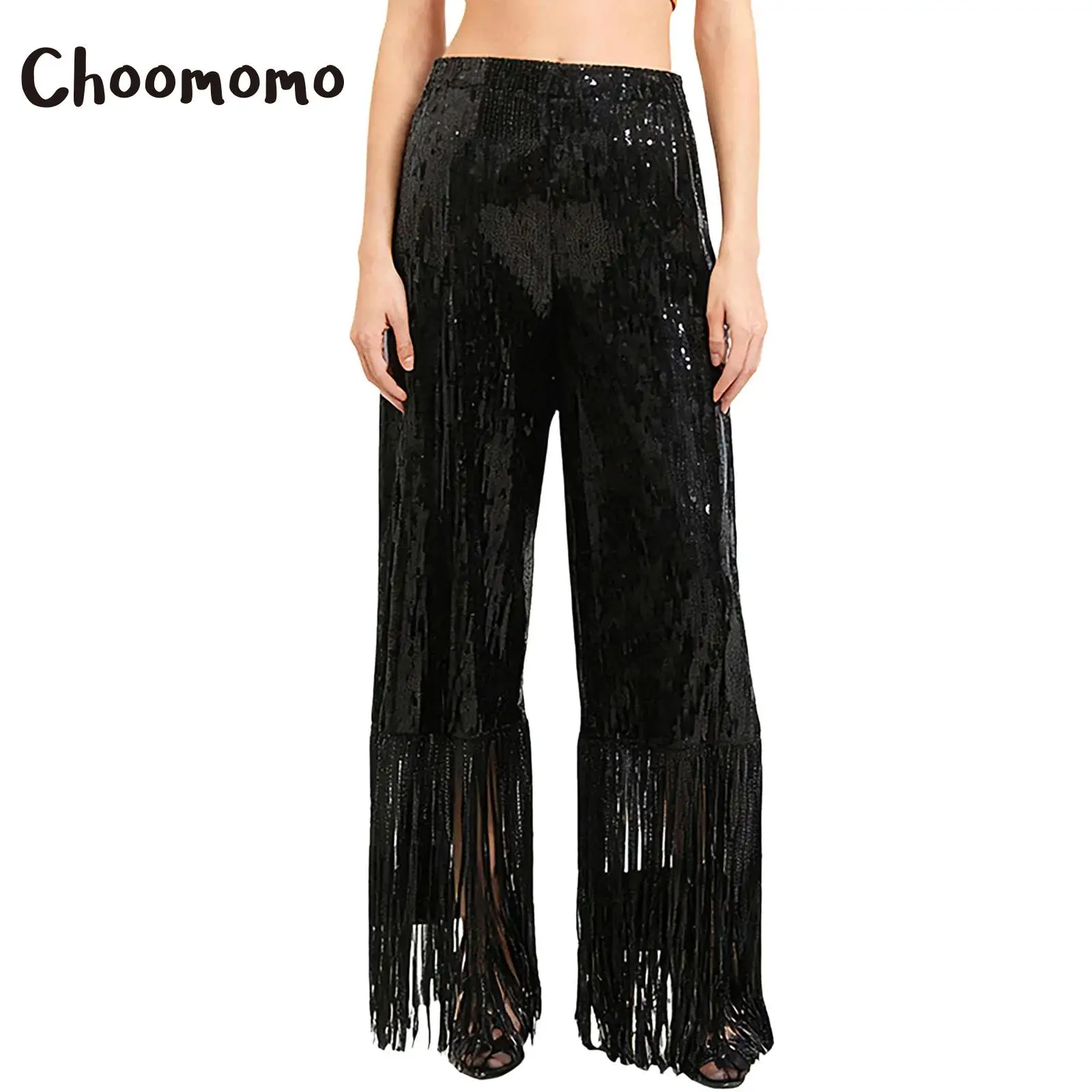 

Womens Tango Chacha Dance Fringe Trousers Allover Sequin Tassel Wide Leg Dance Pants Carnivals Stage Performance Night Clubwear
