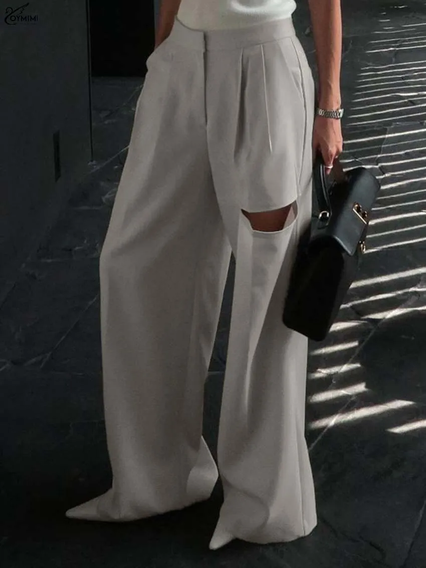 

Oymimi Casual Light Gray Women's Pants Fashion Loose Zipper High Waisted Trousers Elegant Hollow Out Straight Full Length Pants