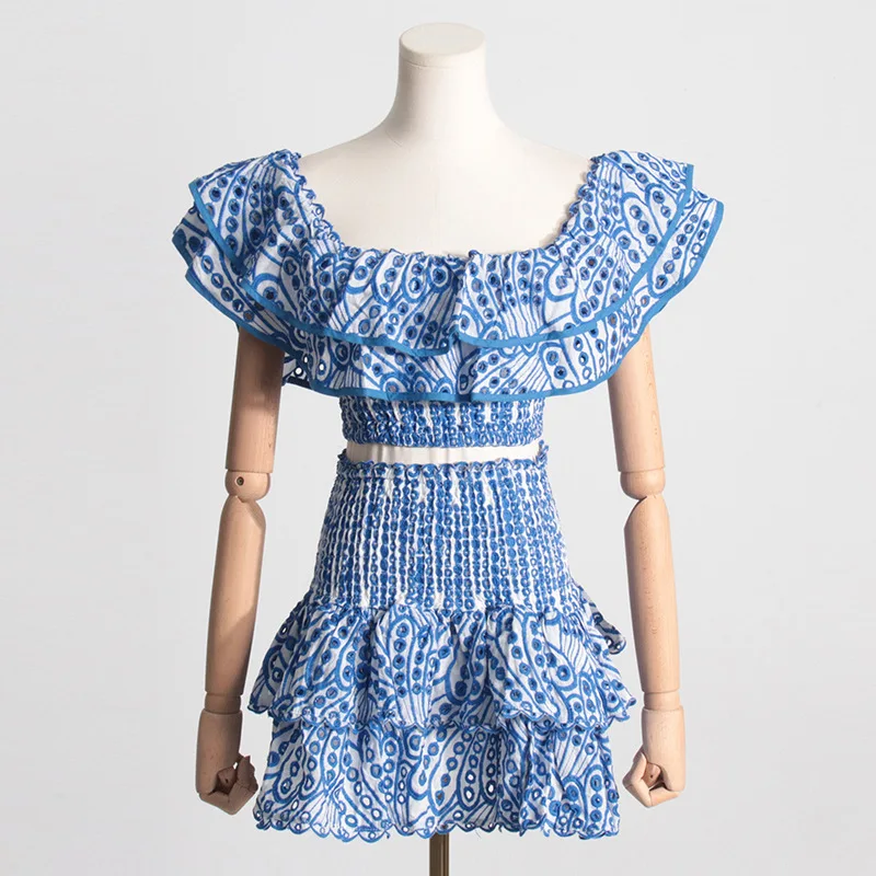 Temperament French Skirt Two Piece Set Women Sexy Hollow Out Ruffle Cropped Top High Waist A-line Mini Skirts 2 Piece Sets Trend