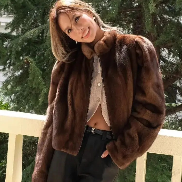 Korea Fake Mink Fur Coat Women Fashion Essential Natural Mink Coat Ciepła krótka skórzana odzież wierzchnia Zimowa kurtka futrzana