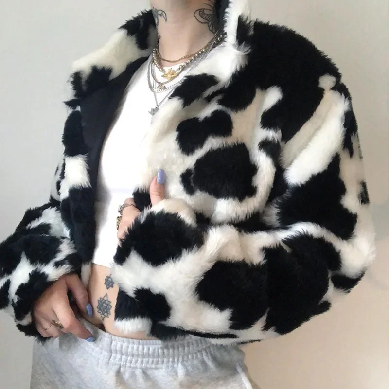 Punk Style Gothic Crop Coats Women Autumn Winter Faux Fur Warm Cardigan Jackets Fashion Milk Cow Print Streetwear Y2k Parkas