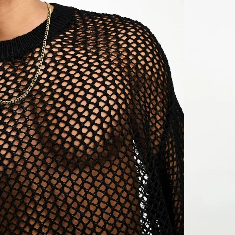 Mens Base Shirt Grid Sunscreen Long Sleeved Shoulder Drop Transparent T-shirt Woven Top Hollowed Out Knitted T-shirt for Men