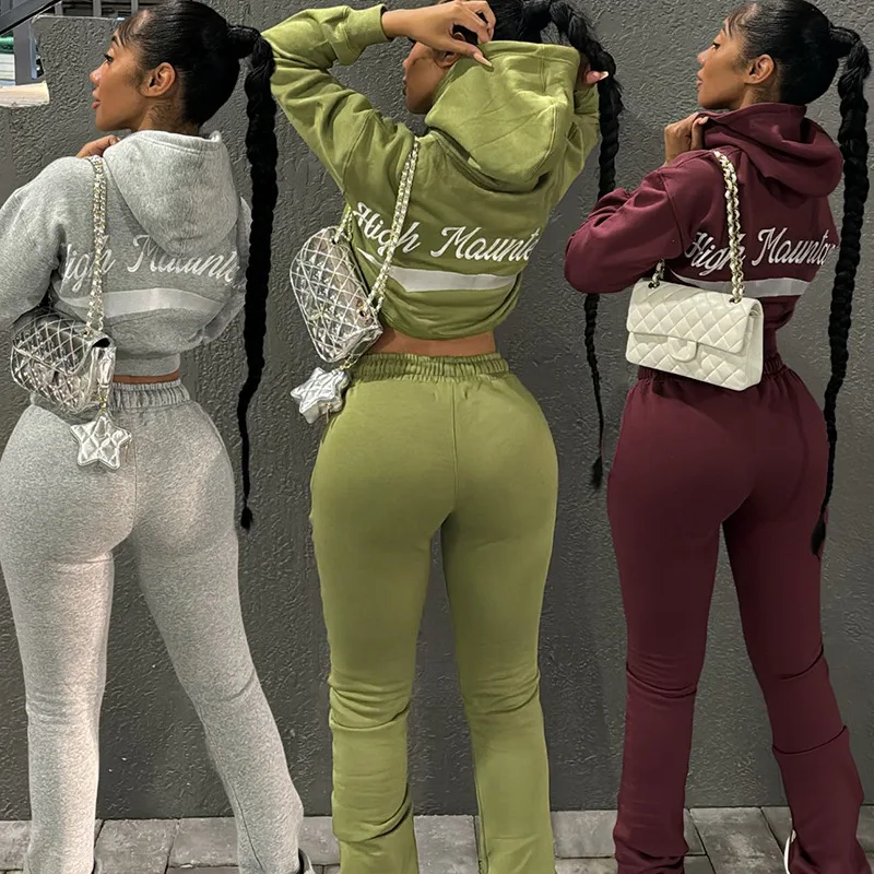 2024 Autumn Hooded Tops 2 Piece Pant Set Outfits Women Winter Y2K Streetwear Pullover Sportwear Sexy Elegant Grey Two Piece Sets