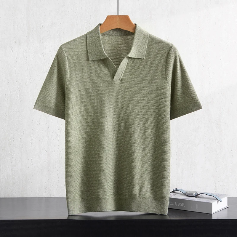 MVLYFLRT Men's Summer Short Sleeve Polo T-Shirt 100% Lyocell Floral Yarn Knitted Fashion Business Casual Pullover Top