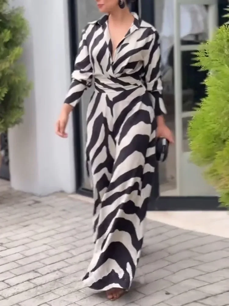 Tute da donna con risvolto a gamba larga stampate zebrate alla moda, maniche lunghe, vita alta, tute da festa per ufficio alla moda urbana