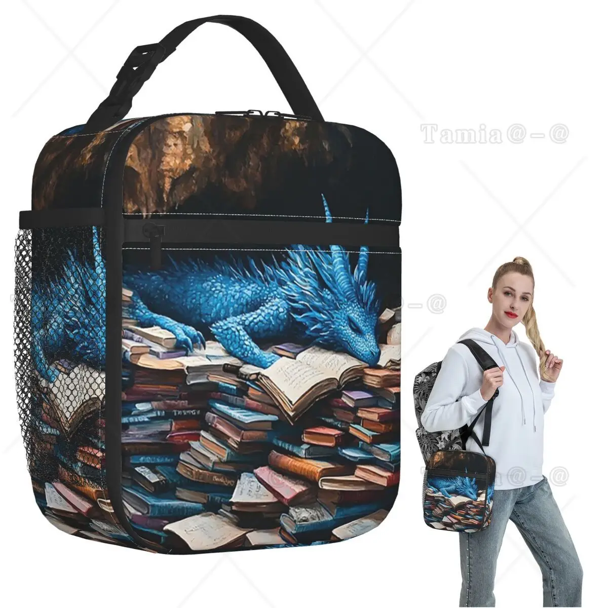 Cute Dragon Sleeping On A Book Insulated Lunch Bag for Women Kids Leakproof Food Boxes Thermal Lunch Box Tote