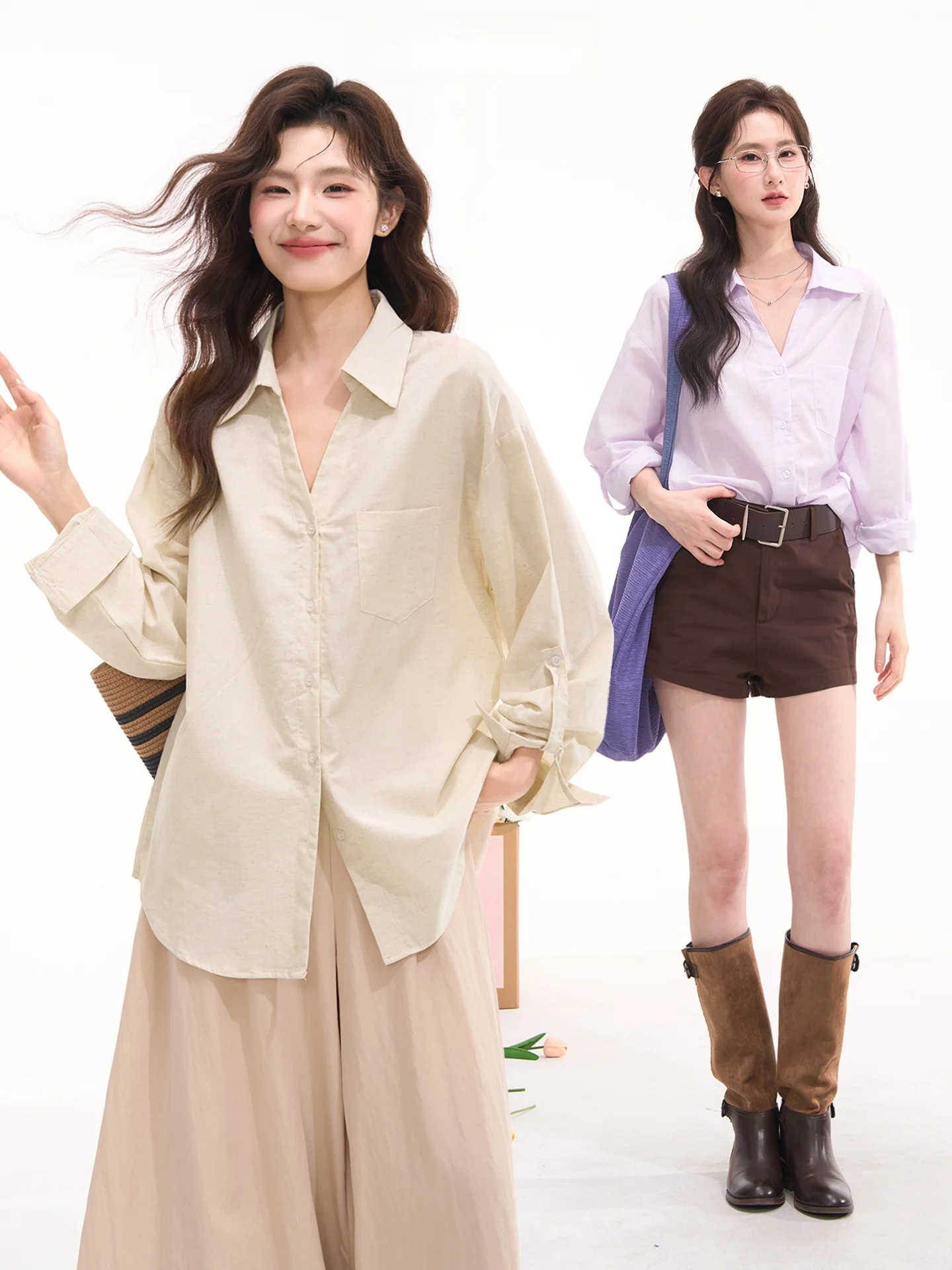 

Heme Bamboo Fog Long Sleeve V-Neck Women's Shirt Simple Design Sun Protection Spring Summer Cotton Blend Casual Shirt