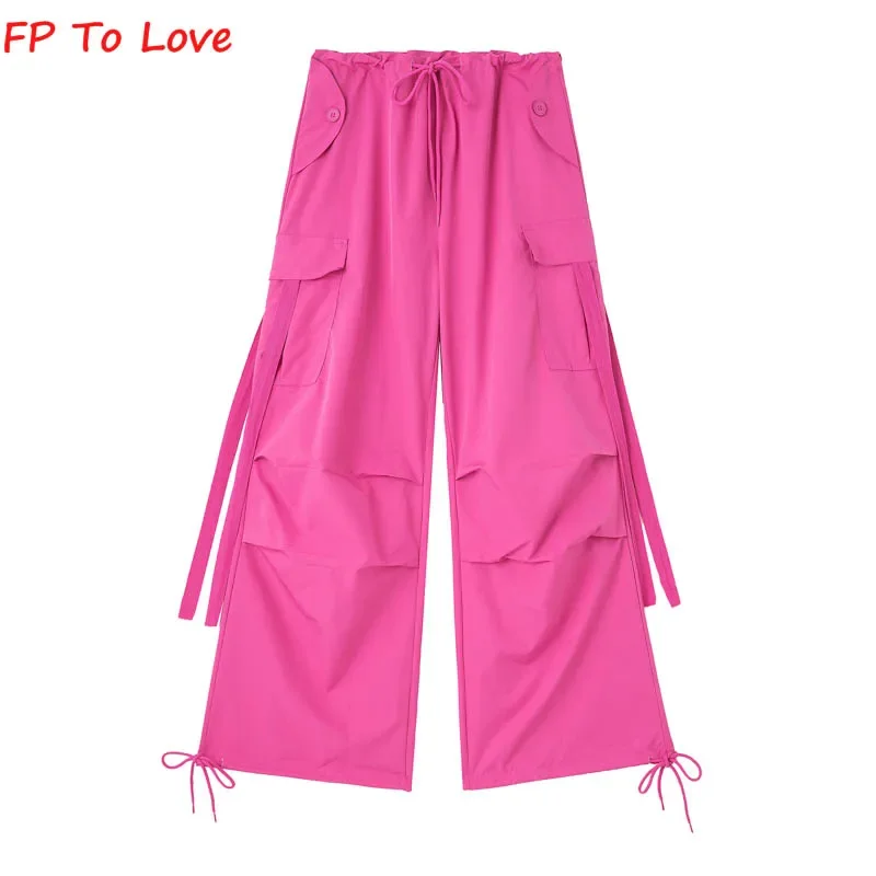 Y2K Pocket Cargo Pants Woman Loose Trousers Wide Leg Hot Pink Sashes Belt Campus PB&ZA Female Yellow Red Grey Black