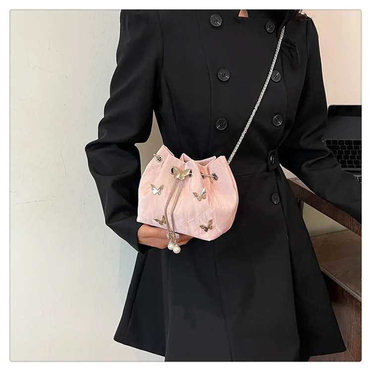 

PU leather drawstring bundle mouth crossbody bag lovely butterfly high shoulder handhold bucket bag small bag
