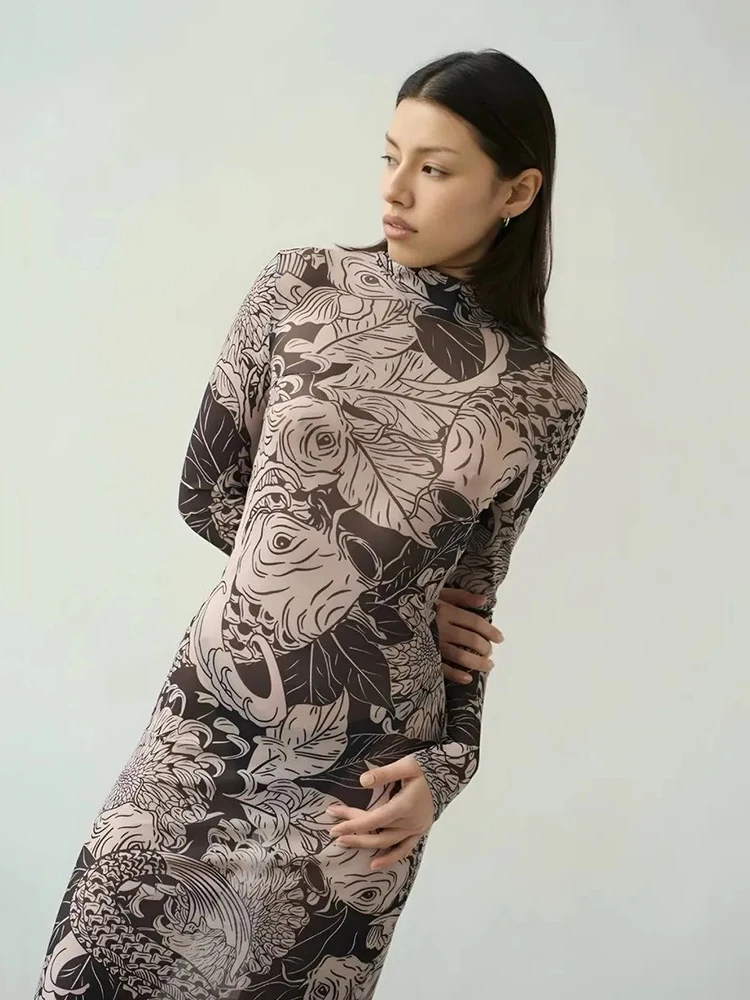 REDDACHiC Retro Printing Mesh Dames Bodycon Zomer Sheer Stretchy Coltrui Maxi-jurk met lange mouwen Esthetische Grunge Streetwear