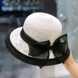 Fashion lace net yarn fisherman hat female vintage Hepburn wind patchwork color top hat elegant bow visor