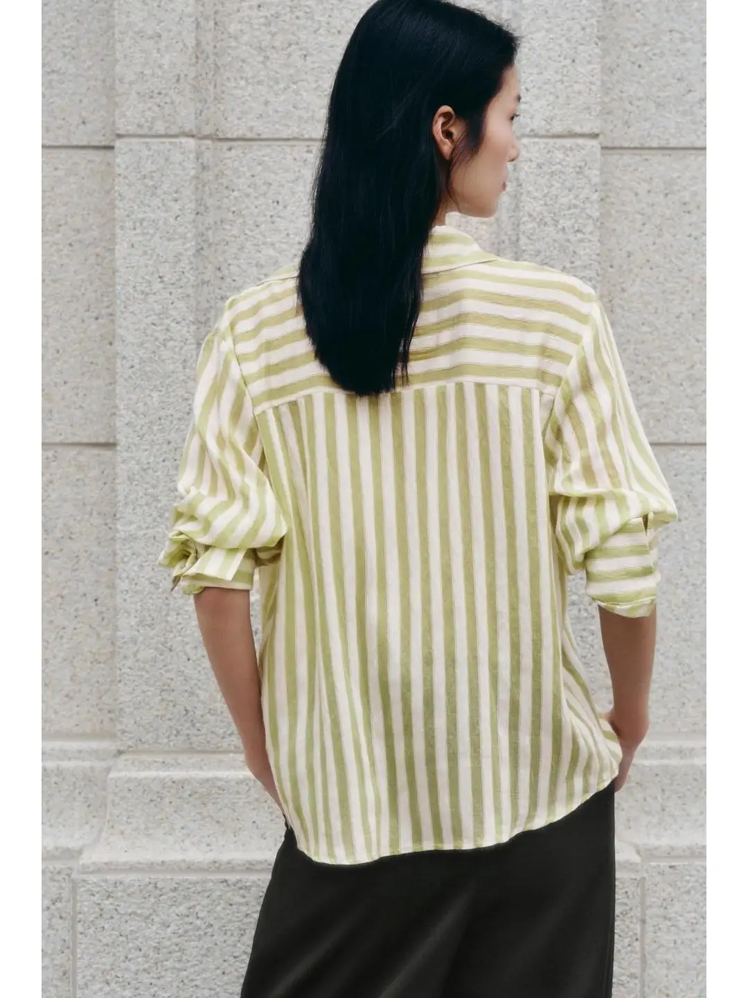 عادية مخطط طويل Sve irt V-Ne بدوره إلى أسفل طوق مستودع العمل ip الخريف Faion بسيط Ele المرأة الأعلى #4