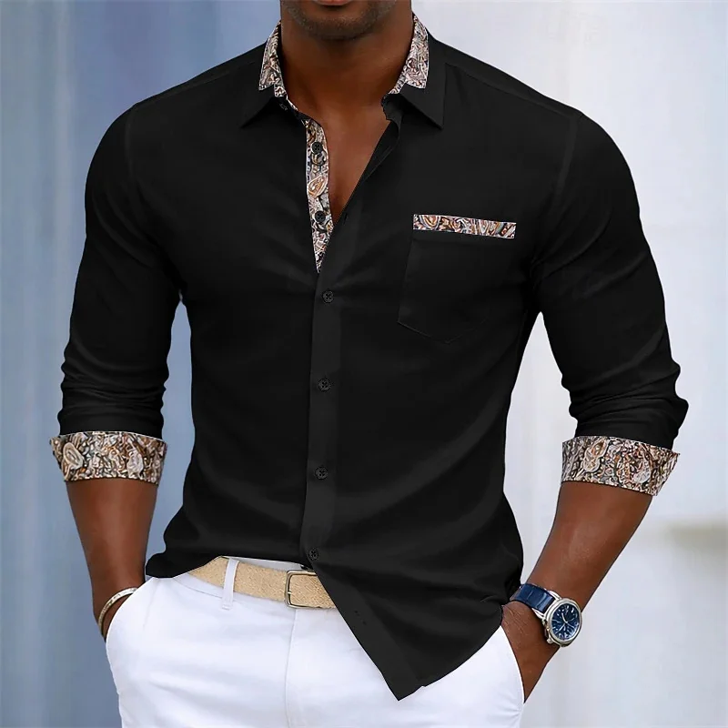 

Мужская рубашка с длинными рукавами, воротником и манжетами с узором пейсли. Стильный принт, приталенный крой, деловой повседневный стиль. Размеры XS-6XL.