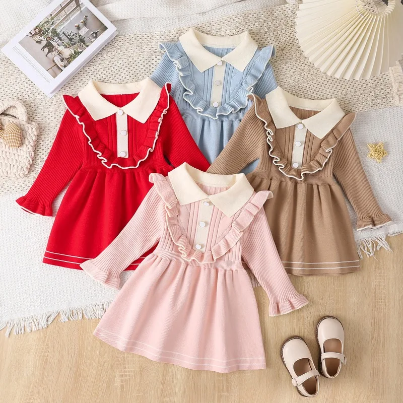 1-5Y Girls Knitted Dresses New Autumn Children\'s Turn Down Collar Sweater Dress Kid\'s Long Sleeve Princess Clothing